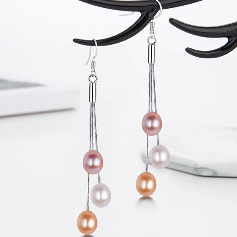 Mixed Color Fresh Water Pearl Earrings Women's Long Korean Style Tassel Pearl 925 Silver Earrings Graceful Online Influencer Pearl earrings