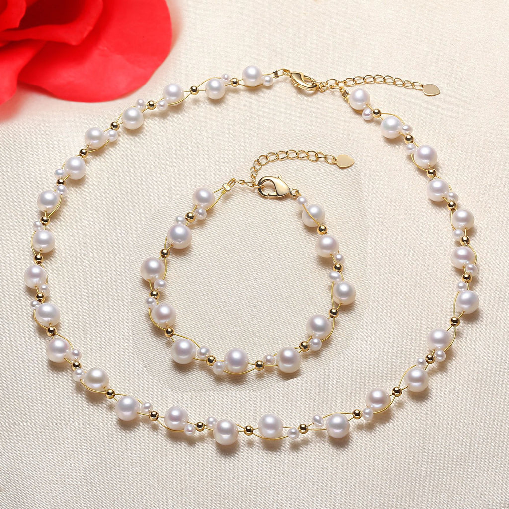 Factory Direct Supply Freshwater Pearl Necklace, Bracelet Set Woven Delicate Jewelry Wholesale pearl bracelet