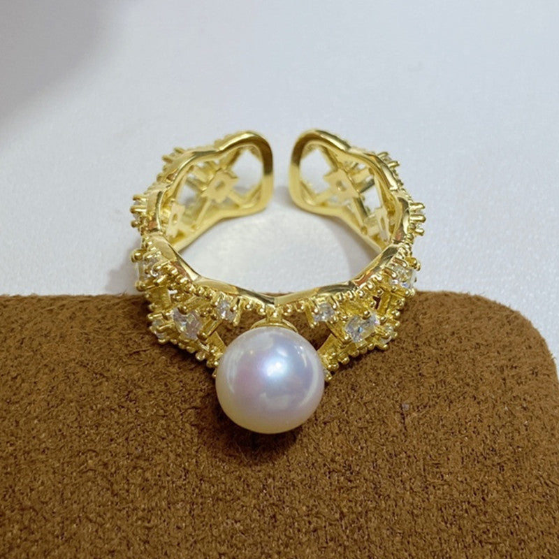 Factory Direct Supply Zhuji Freshwater Pearl Ring S925 Silver K Gold Craft Fashion Hollowed-out Perfect Circle Ring Wholesale Pearl Rings