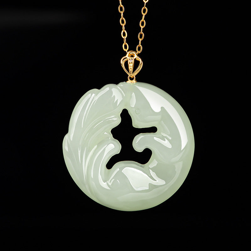 Natural Hetian jade white jade nine-tailed fox pendant 18K gold inlaid fox fairy hollow jade pendant jade pendant women's necklace Hetian jade