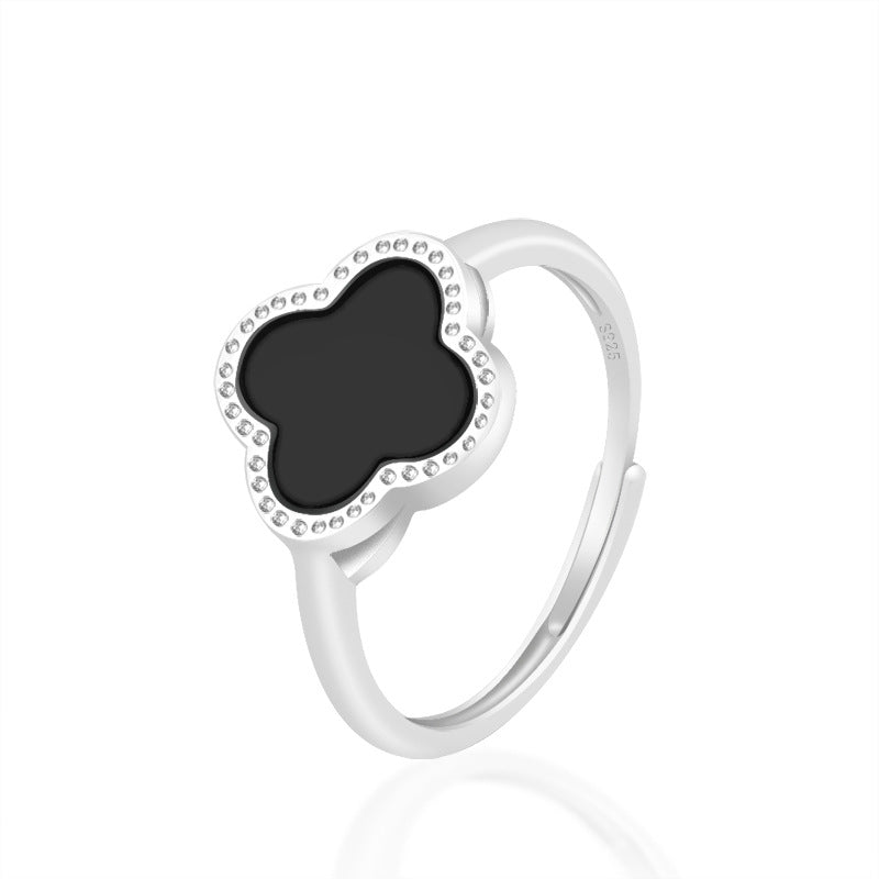 Natural Black Jadeite jade Dark Jade Four-Leaf Clover Ring 925 Silver Mosaic Jade Women's Fashion Ring Adjustable Jade Rings