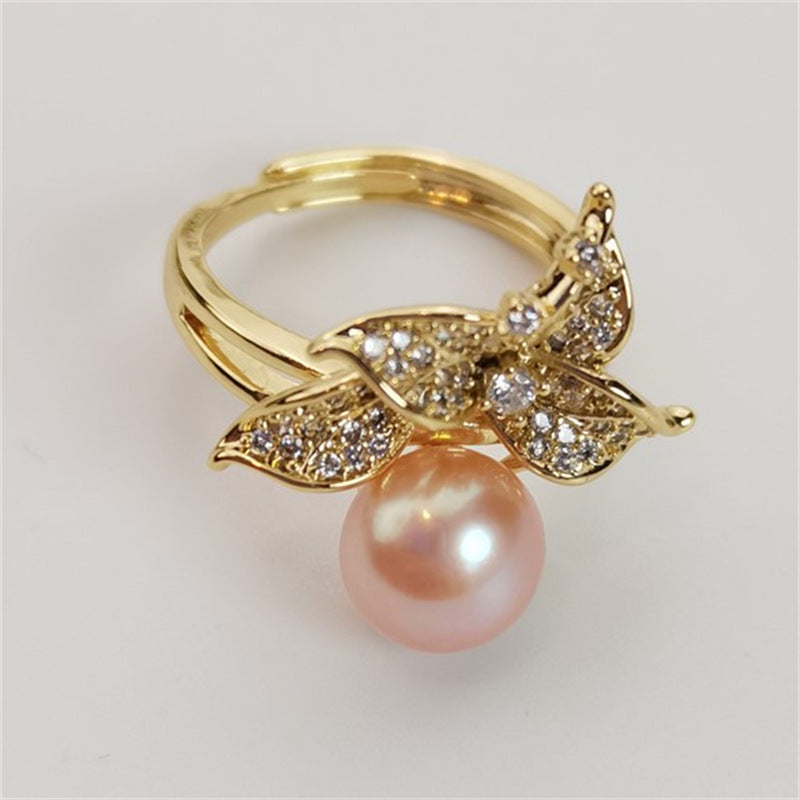 Origin Supply Zhuji Freshwater Pearl Leaf Ring Fashion Diamond-Studded Ring One Piece Dropshipping Pearl Rings