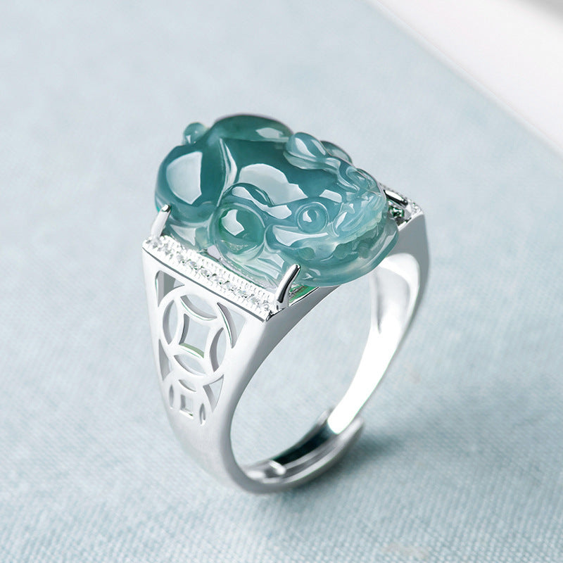 S925 Silver Inlay Natural a Cargo Jade Blue Water Pixiu Ring Ice Jade Men's and Women's Fashion Ring Adjustable Jade Rings