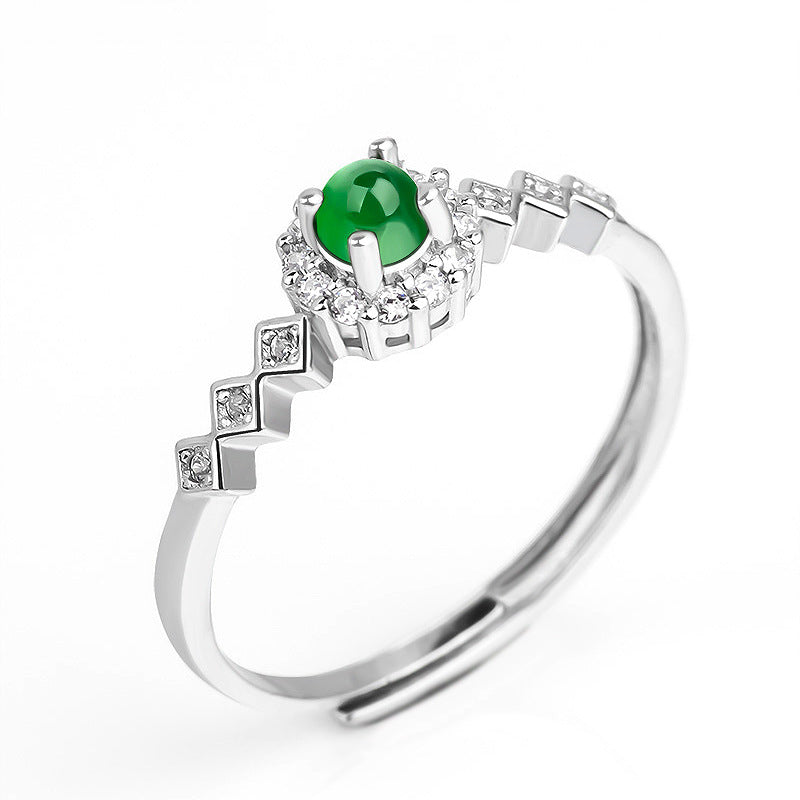 S925 Silver Inlaid Natural a Cargo Emerald Green Ice Jade Stone Ring Fashion Men's Ring Women's Adjustable Jade Rings