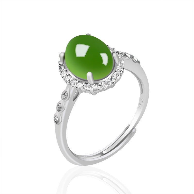 Natural Hetian Jade Green Jade Spinach Green Big Egg Face Jade Ring S925 Silver Inlay Women's Ring Fashion Ring Adjustable Jade Rings