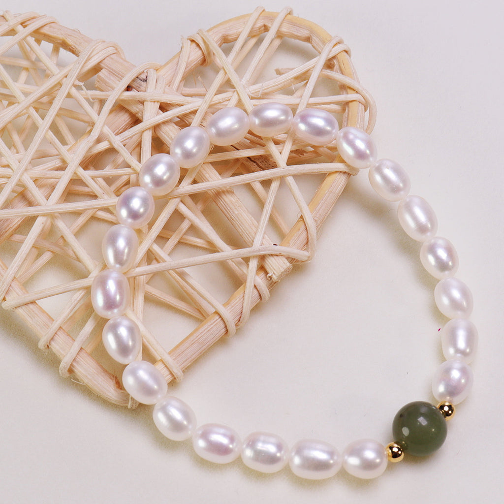 Factory Direct Supply Freshwater Pearl Bracelet New Fashion Hetian Jade Small Rice-Shaped Beads Pearl Elastic String Bracelet Wholesale pearl bracelet