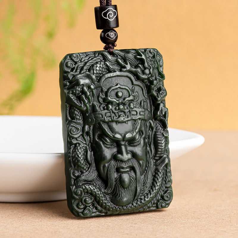 Natural old material Hetian jade ink jade martial god Guan Gong domineering jade pendant men's pendant jade brand high-end wholesale Hetian jade