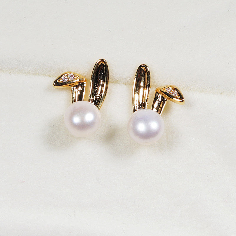 Zhuji Shanxia Lake Freshwater Pearl Ear Studs Women's Cute Bunny Earrings Simple Wild Earrings One Piece Dropshipping Pearl earrings