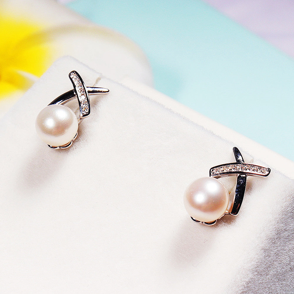 SOURCE Manufacturer Cross Pearl Stud Earrings Female Body S925 Sterling Silver Simple Zircon Earrings Wholesale One Piece Dropshipping Pearl earrings