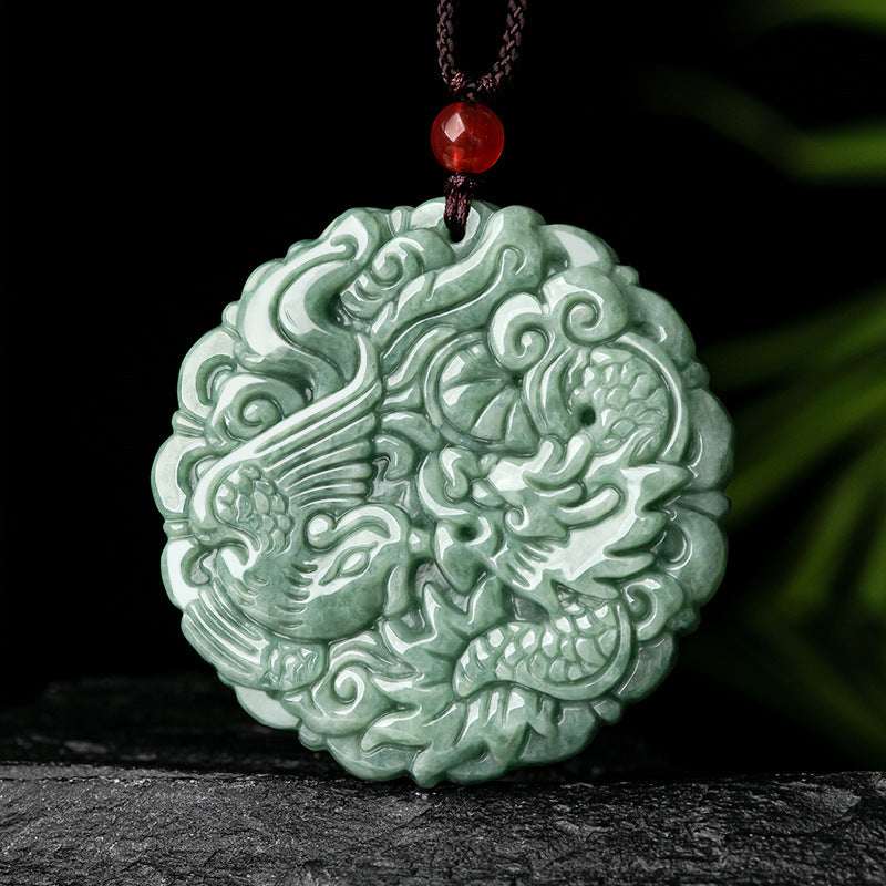 Natural a Cargo Jade Bean Seed Dragon and Phoenix Pendant Prosperity Brought by the Dragon and the Phoenix Pendant Couple Pendant Necklace for Men and Women Jade Pendant Wholesale