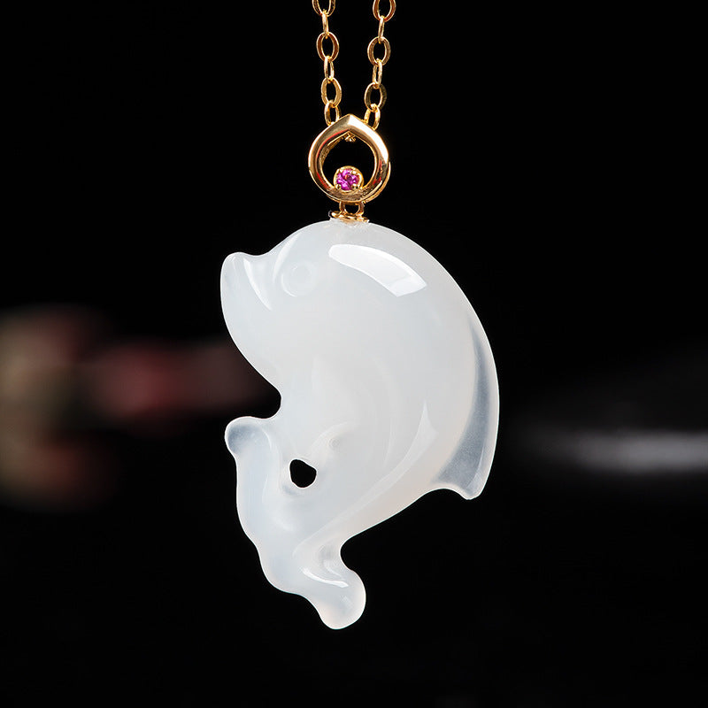 Natural old material Hetian jade mutton fat white jade dolphin pendant authentic 18K gold inlaid jade pendant men's and women's Hetian jade