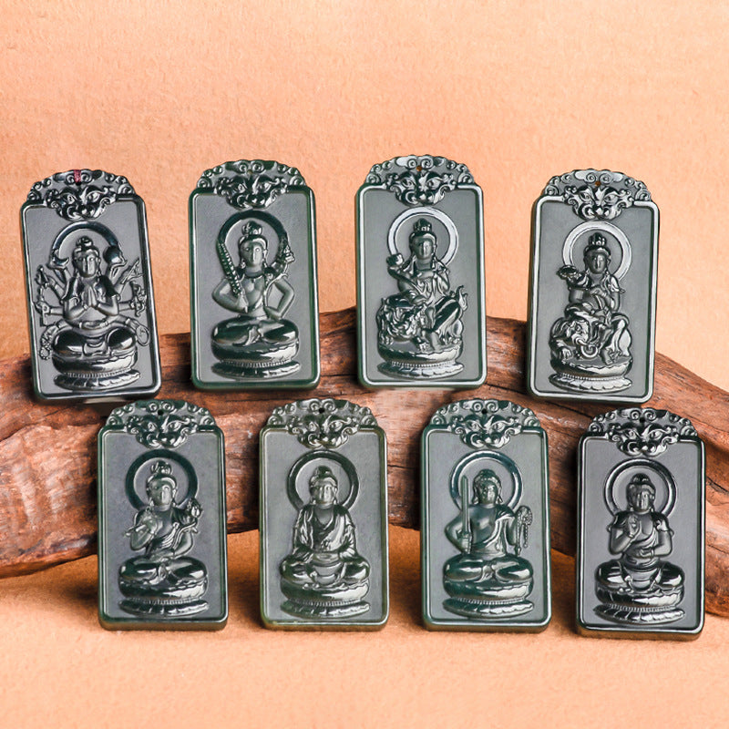 Natural old material Hotan Jade, black jade, eight patron gods, Chinese zodiac, Buddha pendant, male and female pendant, jade token Hetian jade