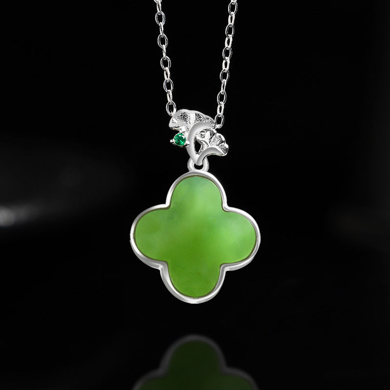 Spinach green old material Hetian jade jasper clover pendant S925 silver genuine natural jade pendant necklace women Hetian jade