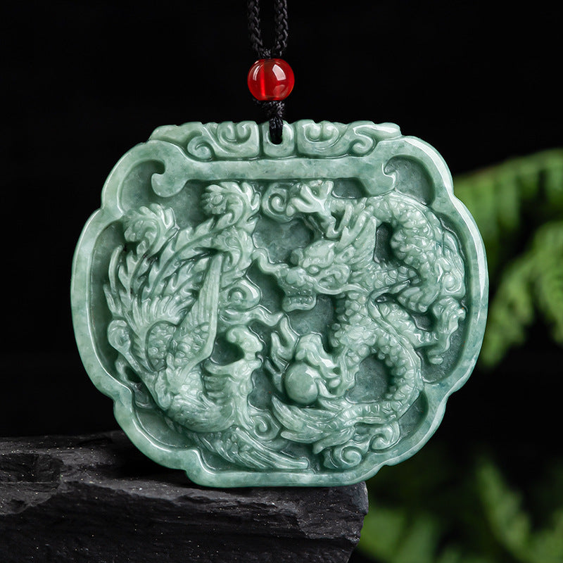 Natural a Cargo Jade Prosperity Brought by the Dragon and the Phoenix Pendant Couple Pendant Men's Necklace Women's Four-Party Jade Wholesale