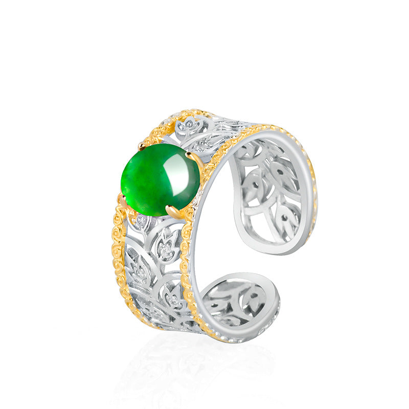 Palace Style Natural a Cargo Emerald Green Ice Jade Stone Ring S925 Silver Inlay Fashion Ring Women's Women's Ring Jade Rings