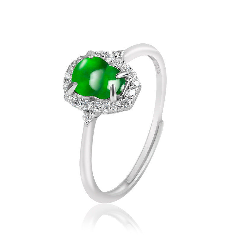 S925 Silver Inlaid Natural a Cargo Jade Gourd Dark Green Ice Jade Ring Fashion Ring Women's Adjustable Jade Rings