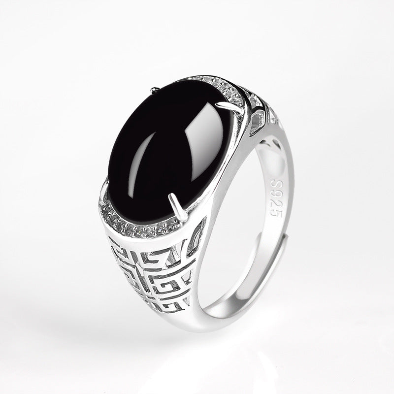 S925 Silver Inlay Natural a Cargo Jade Black Jadeite Egg Surface Ring Ice Jade Stone Ring Men's and Women's Adjustable Wholesale Jade Rings