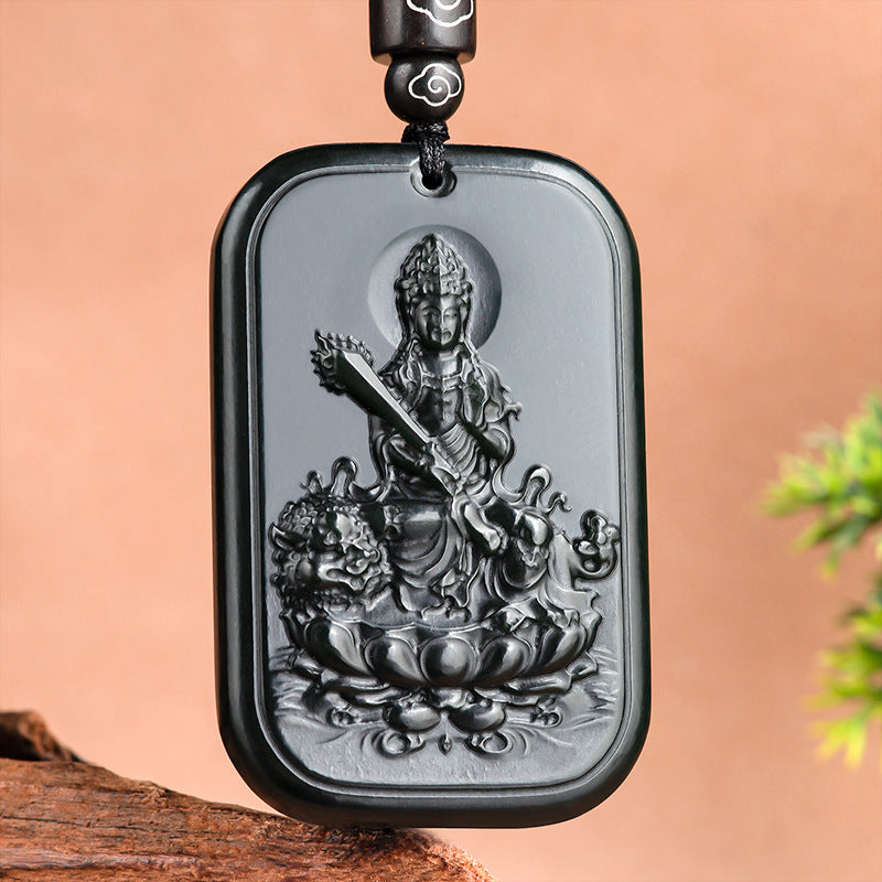 Natural old material Hetian jade ink jade Manjushri Bodhisattva pendant zodiac rabbit guardian god natal Buddha male and female pendants Hetian jade