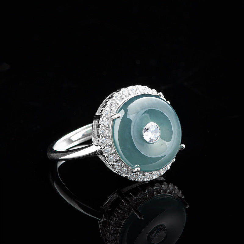 S925 Silver Inlaid Natural a Cargo Jade Blue Water Peace Buckle Ice Jade Ring Women's Fashion Adjustable Jade Rings