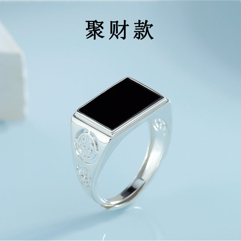 S925 Silver Inlaid Natural Black Jadeite jade Dark Jade Saddle Ring Men's Ring Jade Fashion Ring Adjustable Jade Rings