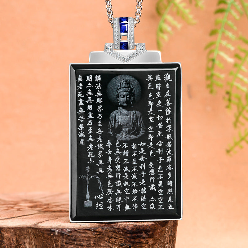 Authentic old material Hetian jade ink jade shadow carving Guanyin Sutra pendant S925 silver inlaid natural jade pendant necklace for men and women Hetian jade