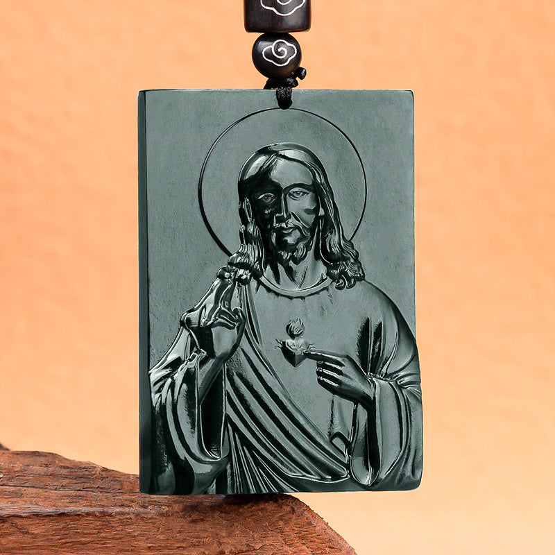 Natural old material Hotan Jade black jade Jesus faith green jade pendant jade pendant men and women pendant jade wholesale Hetian jade