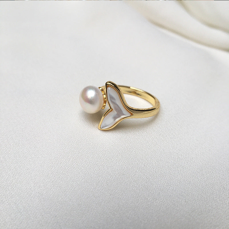 For the Rest of Your Life, You Have Fishtail Pearl Ring Freshwater Pearl Shell 14K Electroplated Real Gold Online Influencer Ring Wholesale Pearl Rings