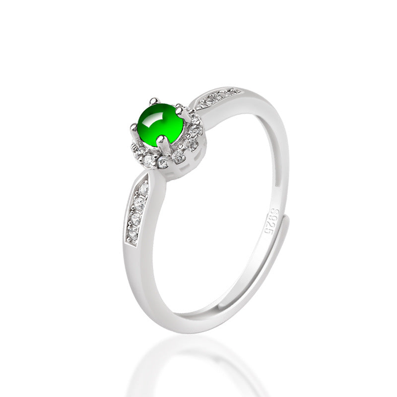 S925 Silver Inlaid Natural a Cargo Emerald Green Ice Jade Stone Ring Fashion Simple Ring for Women Women's Ring Jade Rings