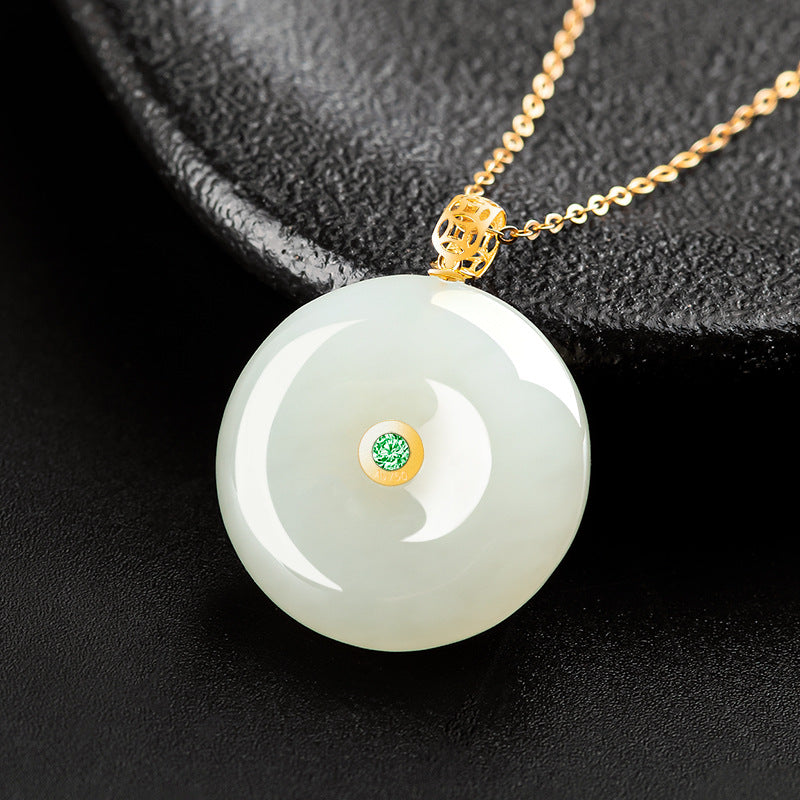 Natural old Hotan Jade white jade safety clasp pendant genuine 18K gold inlaid jade pendant necklace for women wholesale Hetian jade