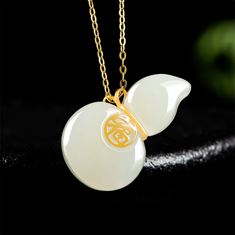 Natural old Hotan Jade white jade gourd pendant genuine 18K gold inlaid jade men's necklace women's pendant Hetian jade