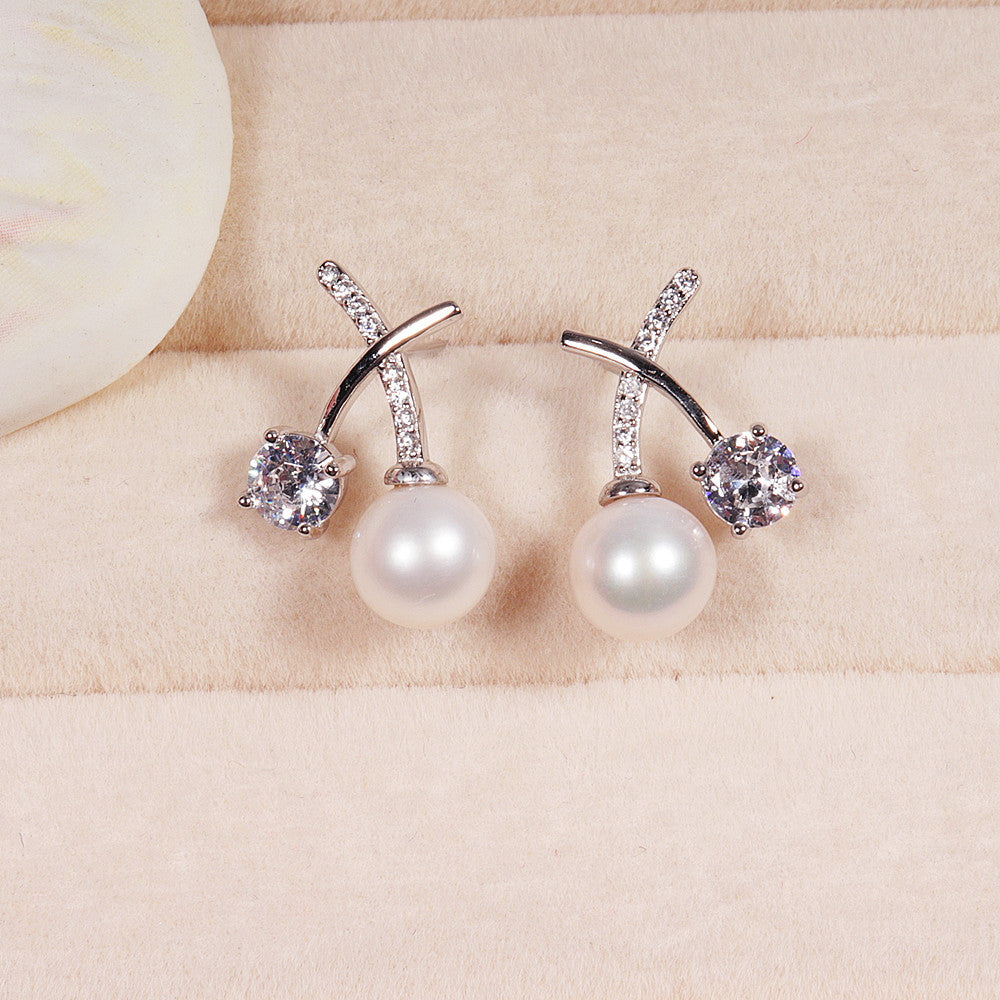 SOURCE Manufacturer S925 Silver Inlaid Zircon Cross Pearl Stud Earrings Women's Light Luxury All-Match Wholesale One Piece Dropshipping Pearl earrings