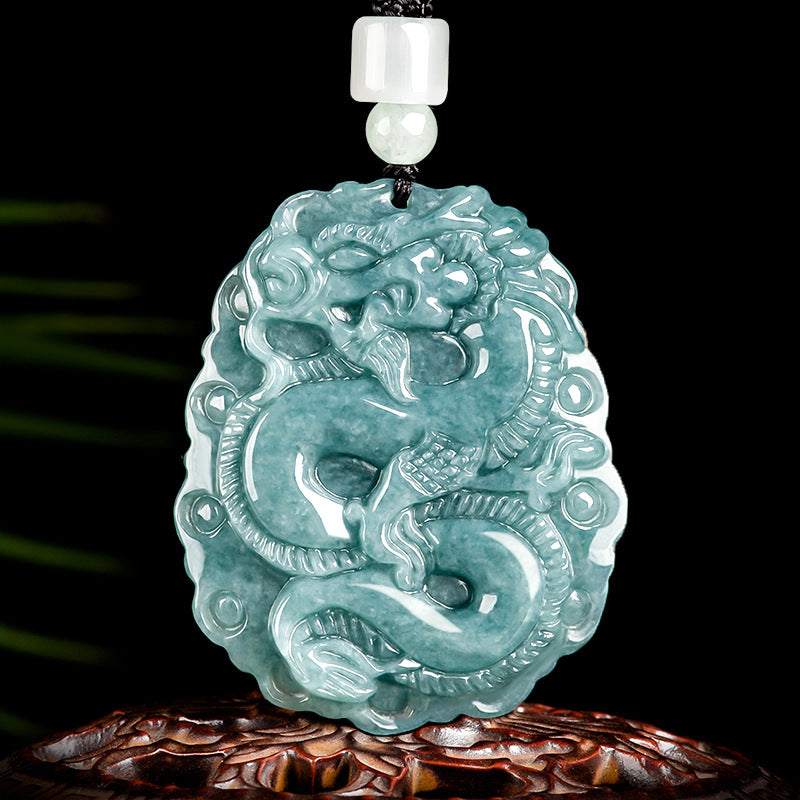 Natural a Cargo Jade Blue Water Dragon Pendant Zodiac Dragon Business Booming Lucky Pendant Ice Jade Stone Men's and Women's Pendant