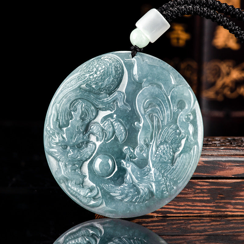 Natural a Cargo Jade Blue Water Prosperity Brought by the Dragon and the Phoenix Pendant Couple Dragon and Phoenix Pendant Pendant Men's Necklace Women's Wholesale