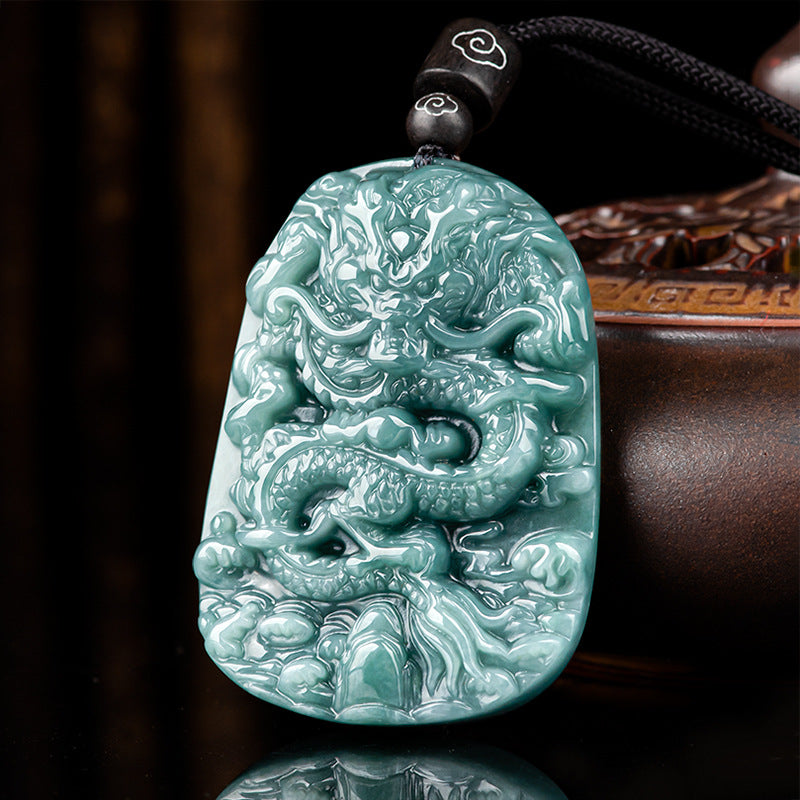 Natural a Cargo Jade Blue Water Domineering Dragon King Gun and Rose Dragon Brand Zodiac Dragon Pendant Ice Jade Stone for Men and Women