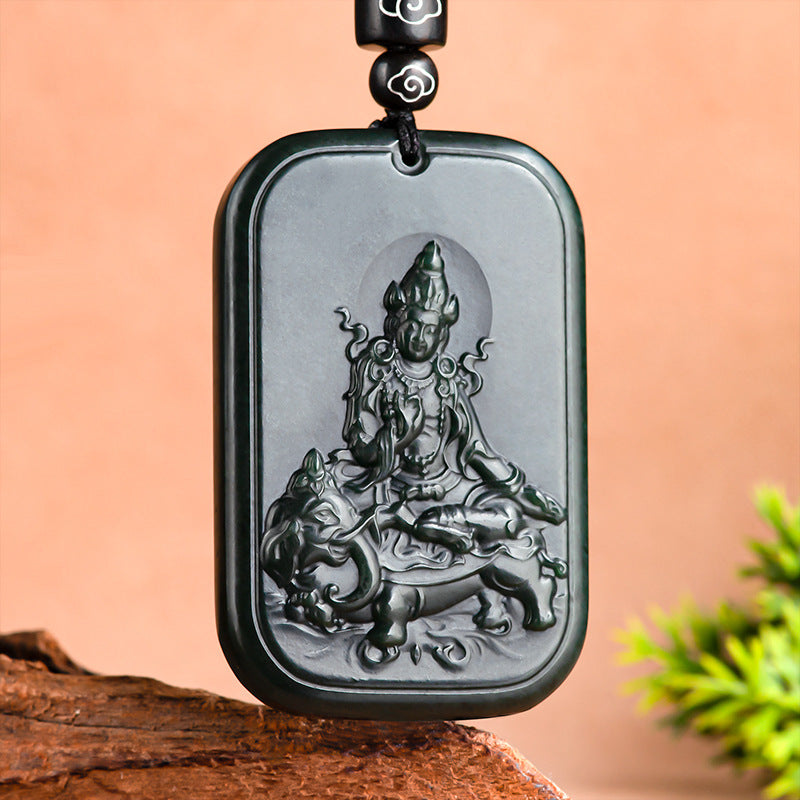 Natural old material Hotan Jade, black jade, universal virtue, Avalokitesvara Pendant, zodiac dragon and snake patron god, life Buddha pendant for men and women Hetian jade