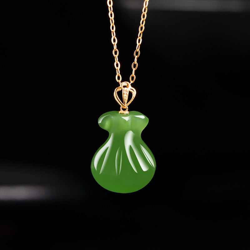 Natural old material spinach green Hotan Jade jasper blessing bag purse pendant 18K gold jade necklace pendant for women Hetian jade