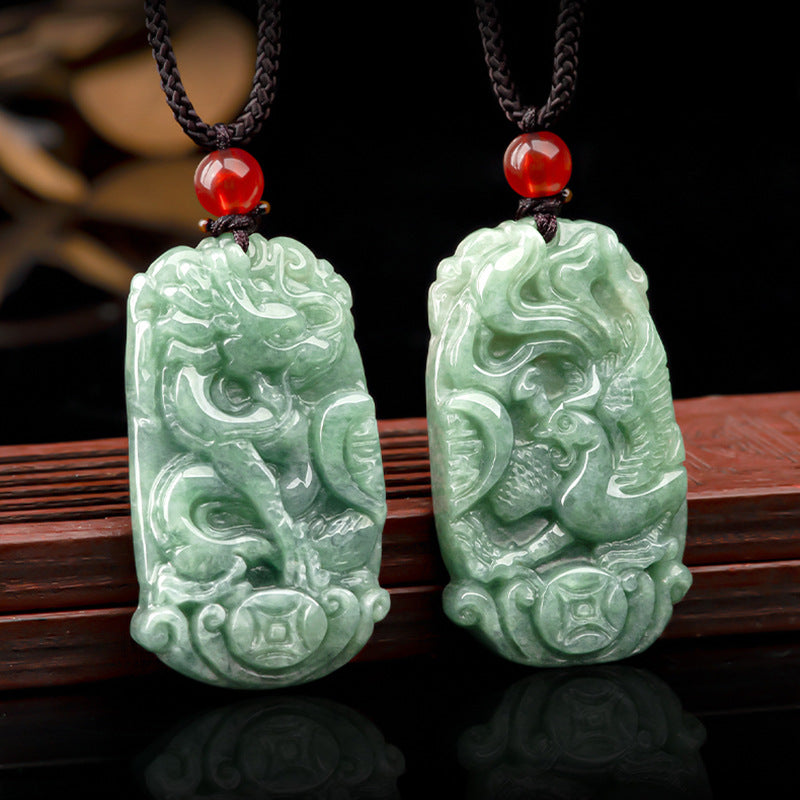 Natural a Cargo Emerald Bean Green Jade Dragon Feng Pair of Pendants Couple Pendant Men and Women Jewelry Four-Party Jade Wholesale