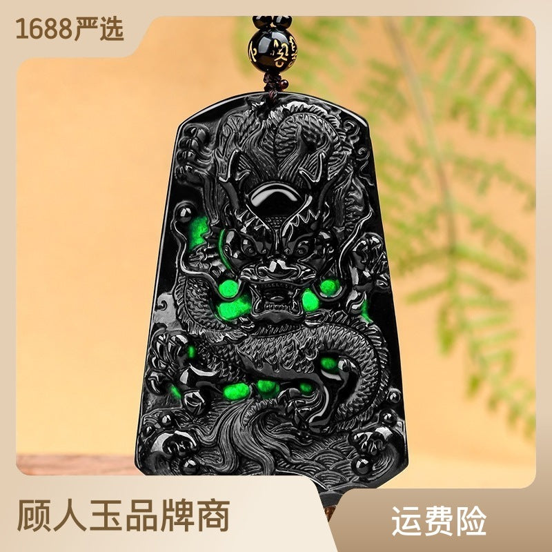 Natural A- Level Jade Zodiac Dragon Pendant Black Jadeite Jade Dragon Brand Ice-like Pendant Jade Pendant Men's and Women's Jade Wholesale