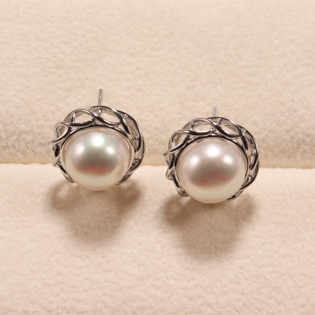 Simple Accessories Fresh Water Pearl Suit Double Layer Spiral Pearl Ear Stud and Ring Female One Piece Dropshipping Pearl Sest