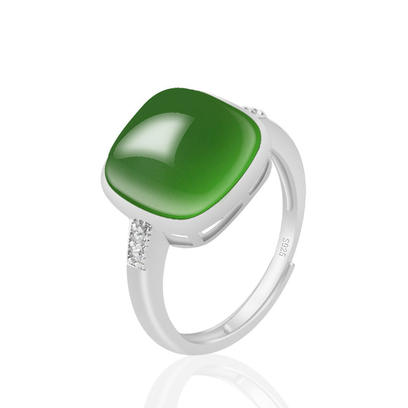 Natural Hetian Jade Green Jade Spinach Green Square Jade Ring S925 Silver Inlay Men and Women Ring Fashion Ring Adjustable Jade Rings