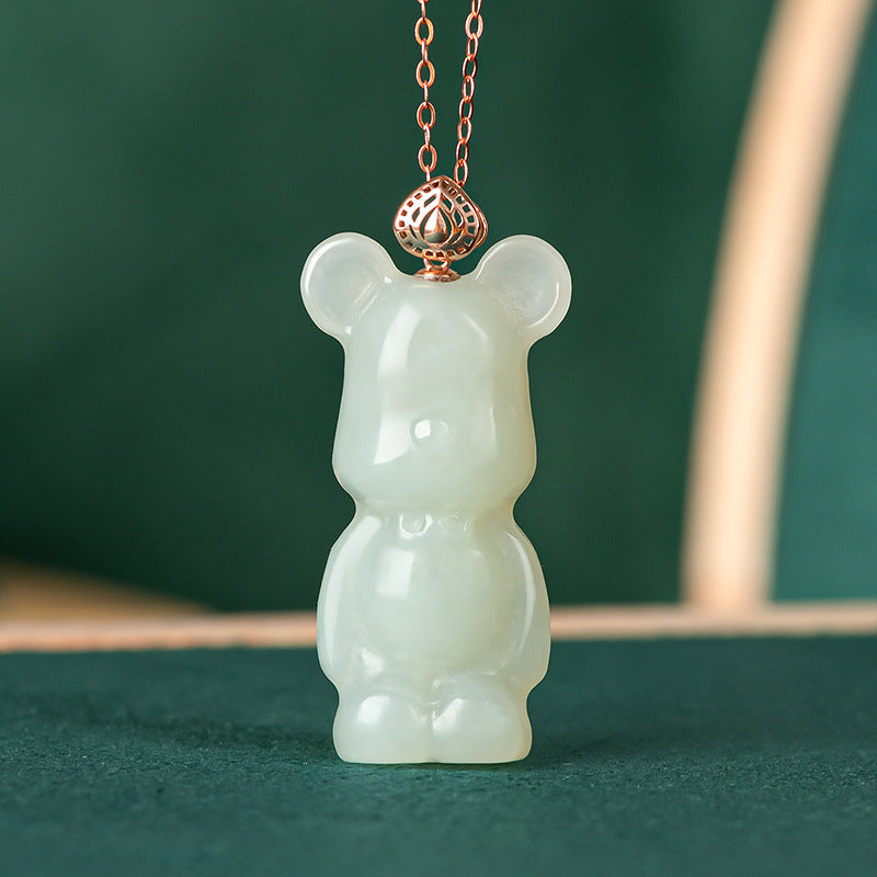 Natural old material Hetian jade bear pendant authentic 18K rose gold inlaid jade stone necklace pendant for men and women. Hetian jade