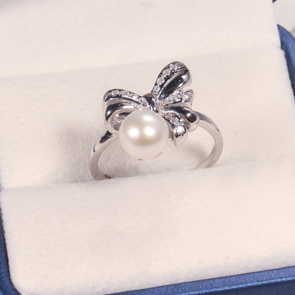 Perfect Circle Strong Light Freshwater Pearl Suit S925 Silver Bow Accessories Minority Fashion Pearl Rings Ear Studs Jewelry Pearl earrings