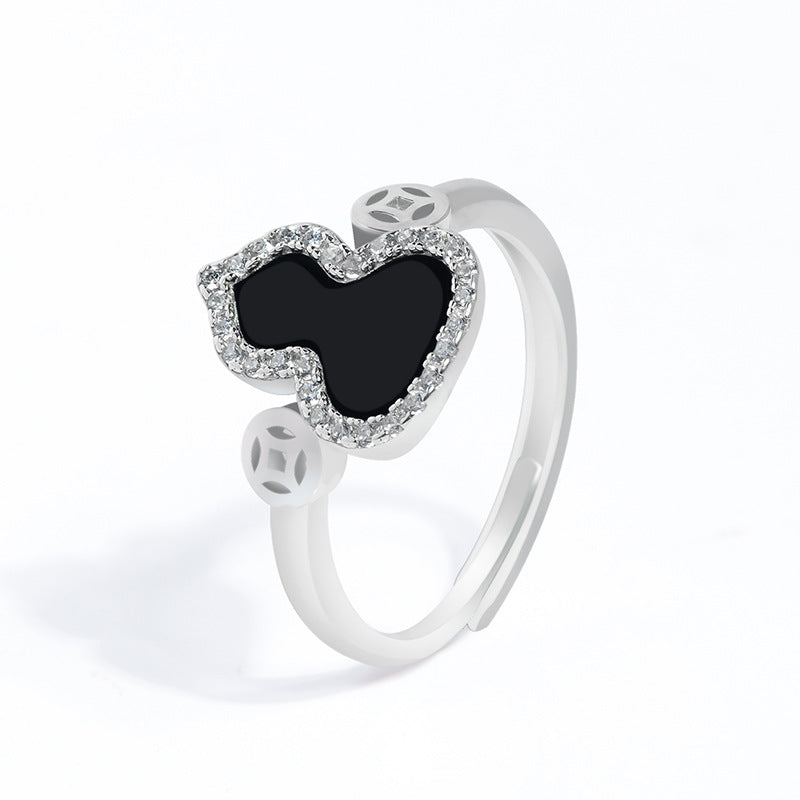 S925 Silver Inlaid Natural A- Level Jade Dark Jade Gourd Black Jadeite Ring Jade Women's Fashion Ring Adjustable Jade Rings