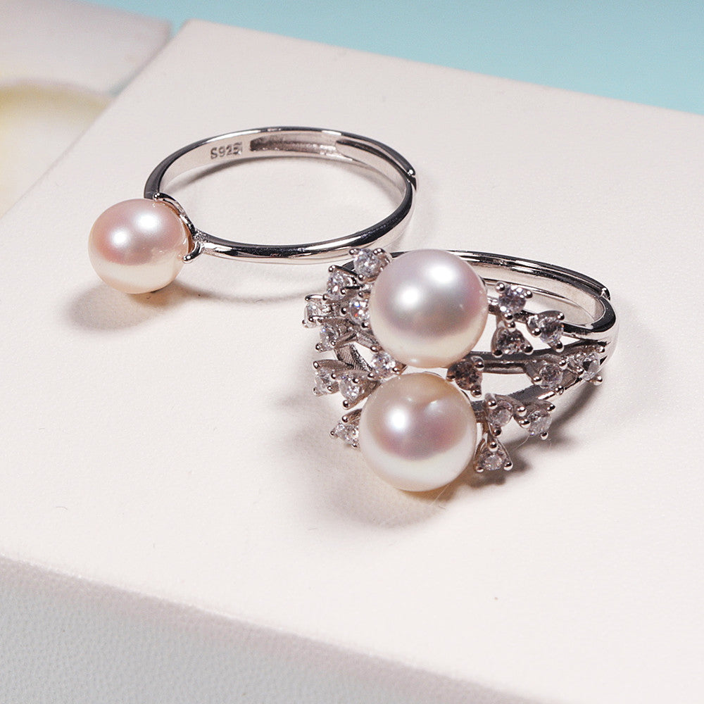 SOURCE Manufacturer S925 Sterling Silver Pearl Ring Female Double Bead Opening Adjustable Ring One Piece Dropshipping Wholesale Pearl Rings