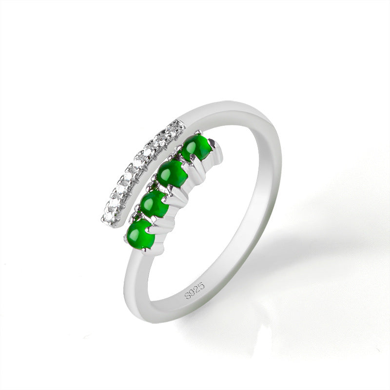 S925 Silver Inlaid Natural a Cargo Emerald Green Ice Jade Stone Ring Fashion Men's Ring Women's Adjustable Jade Rings