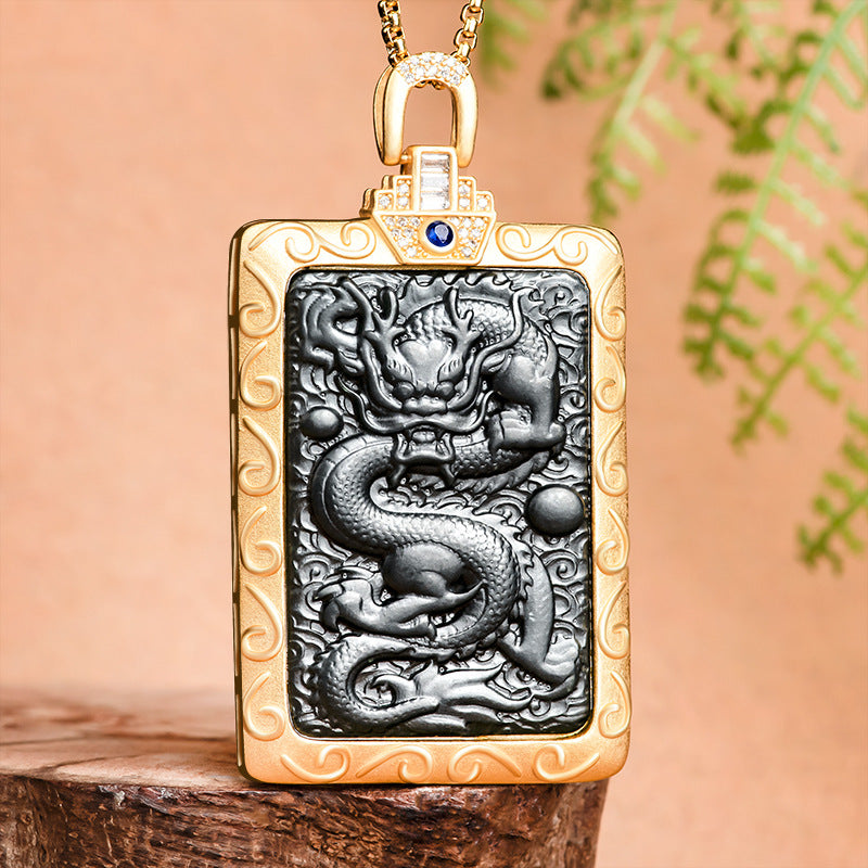 Authentic old material Hotan Jade black jade dragon brand pendant Chinese zodiac dragon bronze inlaid natural jade pendant necklace wholesale for men and women Hetian jade