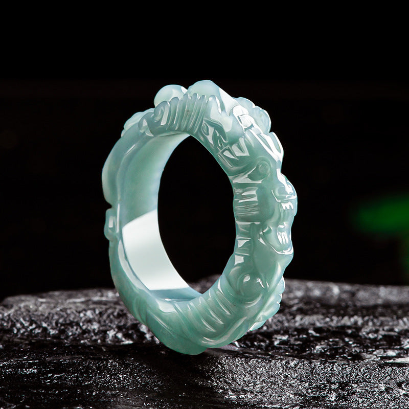 High-End Natural a Cargo Jade Blue Water Dragon Ring Three-Dimensional Carving Ice Jade Stone Jade Ring Dragon Thumb Ring Man's Ring Jade Rings