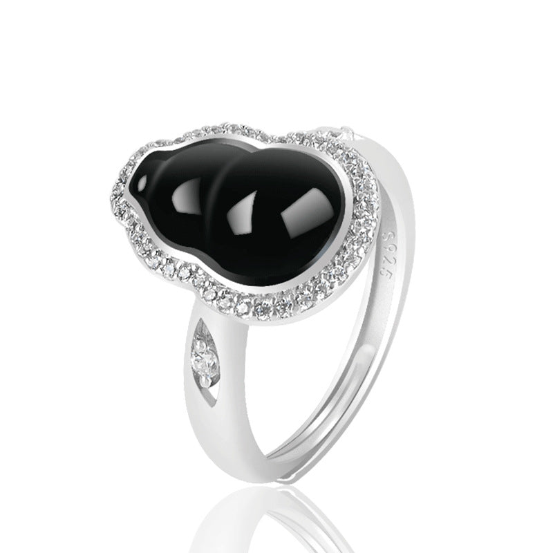 S925 Silver Inlay Natural Black Jadeite jade Gourd Jade Ring Fashion High-End Women's Ring Adjustable Jade Rings