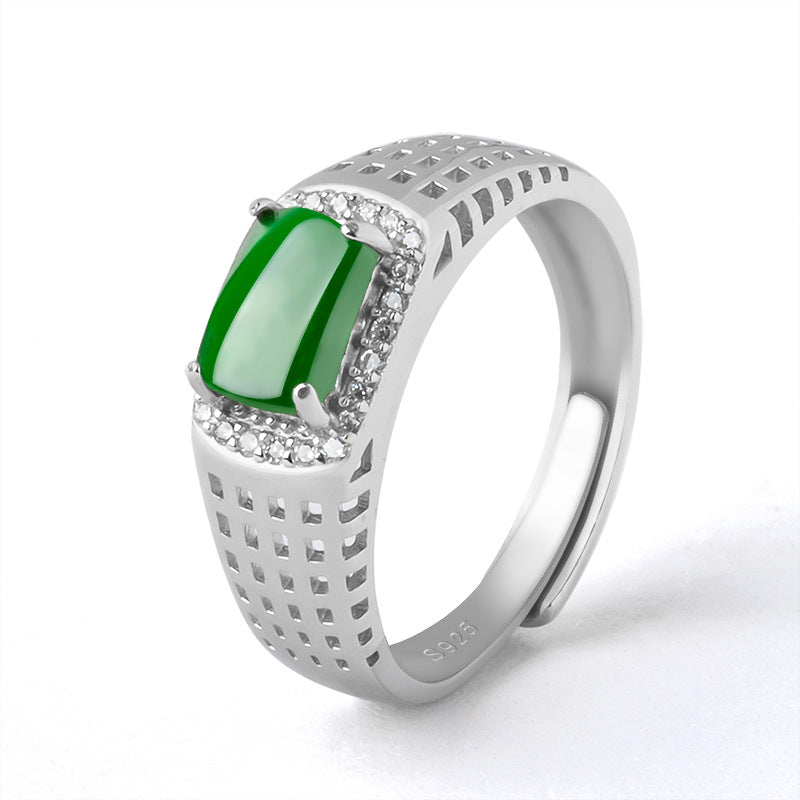 S925 Silver Natural a Cargo Emerald Green Saddle Ring Ice Jade Stone Ring Fashion Ring Men's and Women's Adjustable Jade Rings