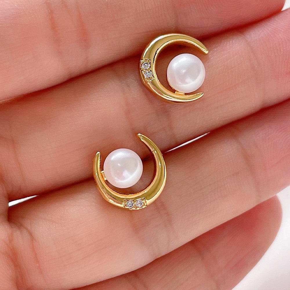 SOURCE Manufacturer Freshwater Pearl Ear Studs Zircon Moon Earrings Female Commuter's All-Matching Earrings Wholesale One Piece Dropshipping Pearl earrings